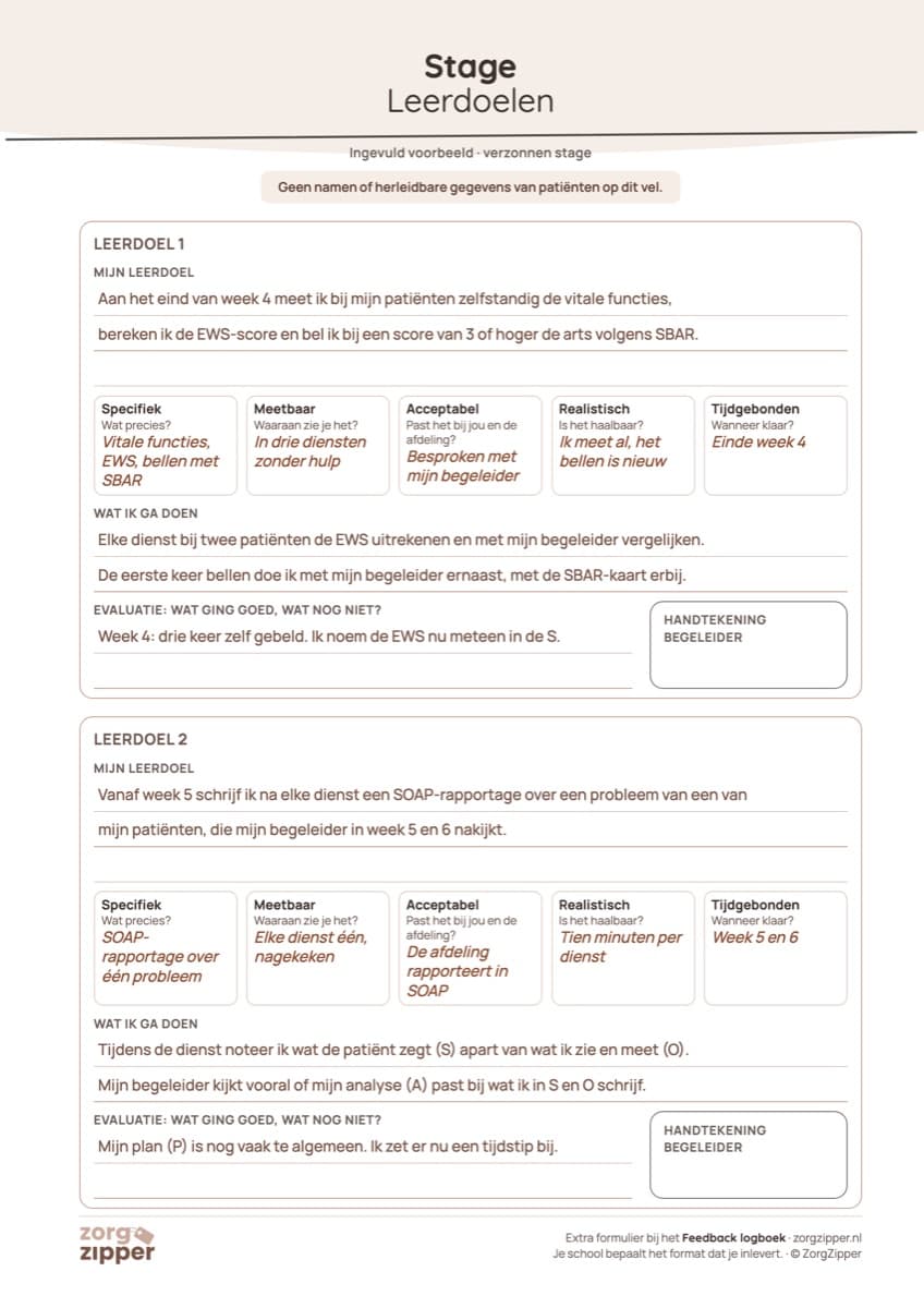 Leerdoelenformulier voor je stage, ingevuld voorbeeld