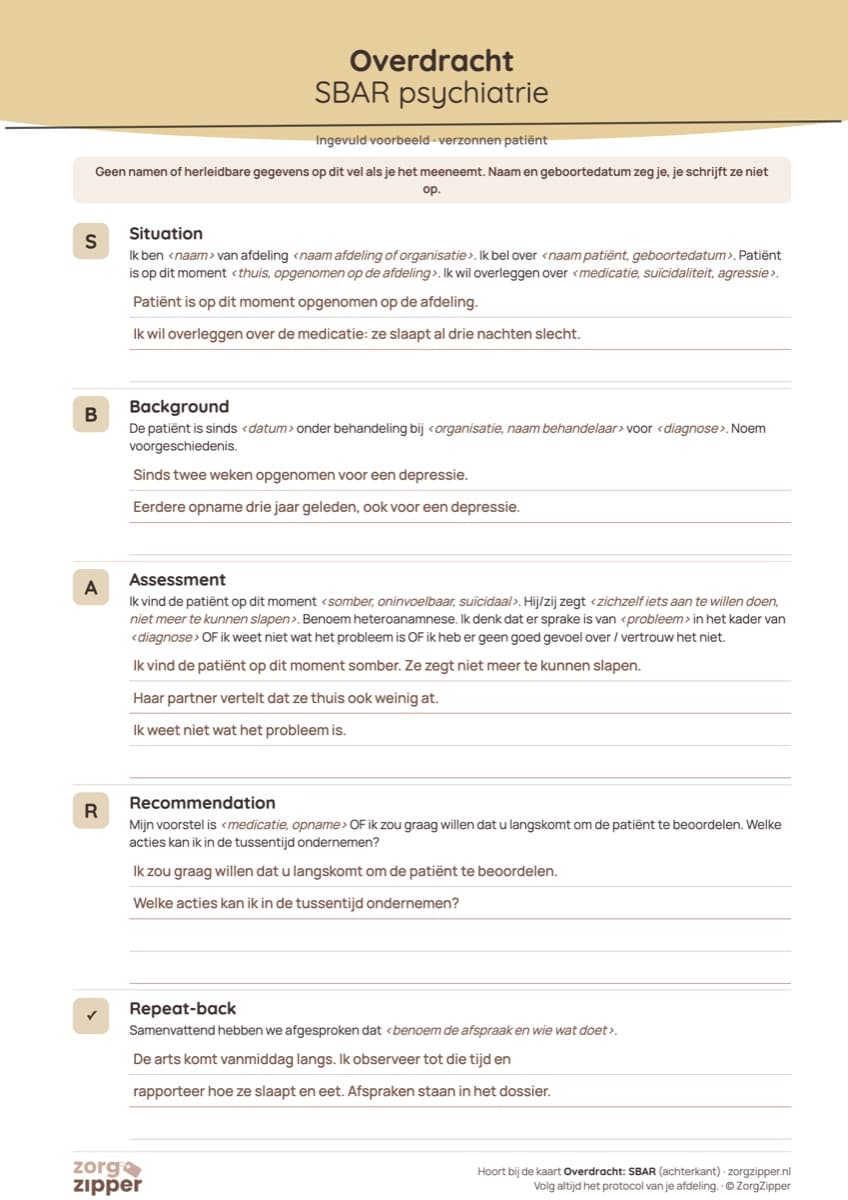 SBAR-formulier psychiatrie, ingevuld voorbeeld