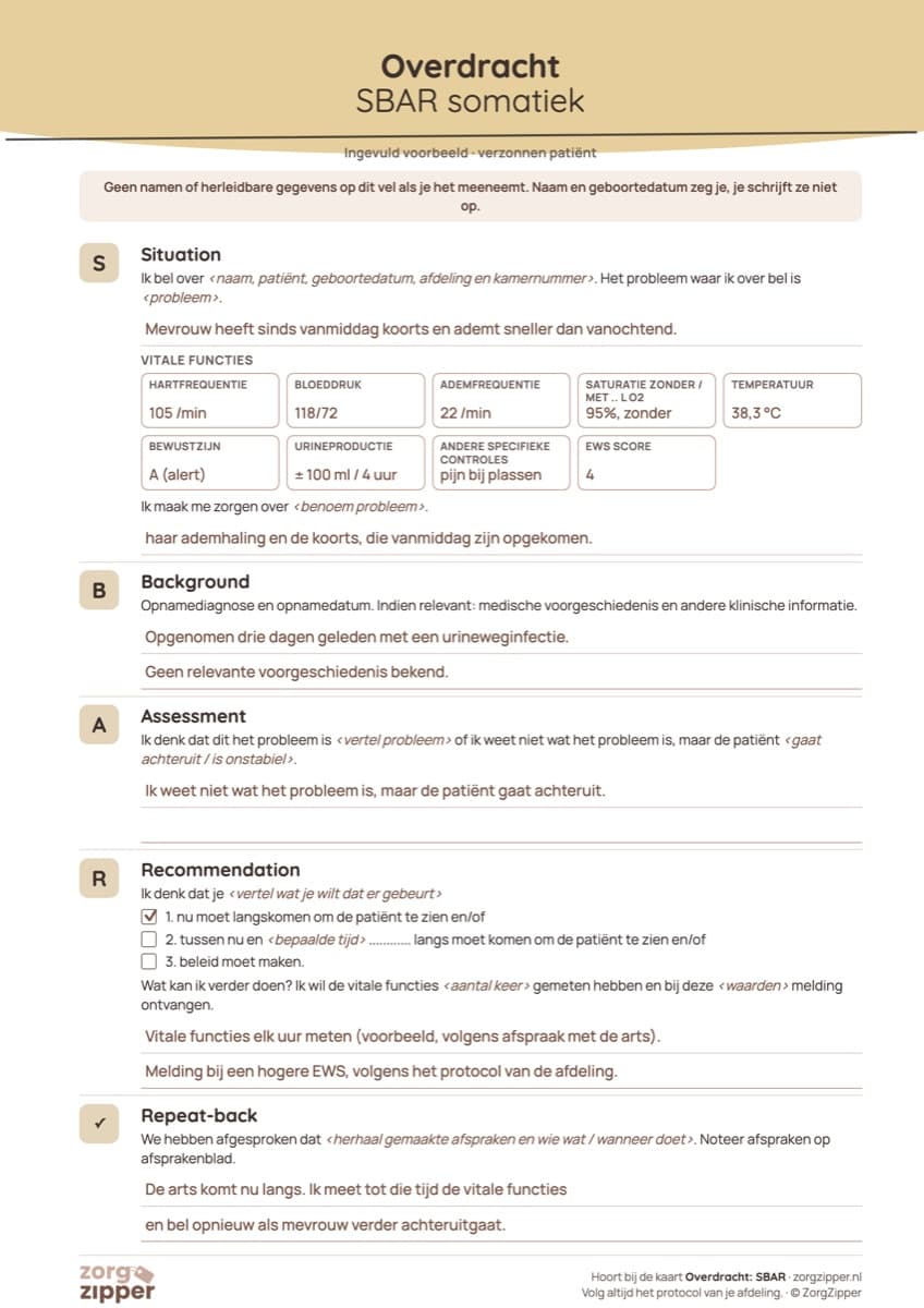 SBAR-formulier somatiek, ingevuld voorbeeld