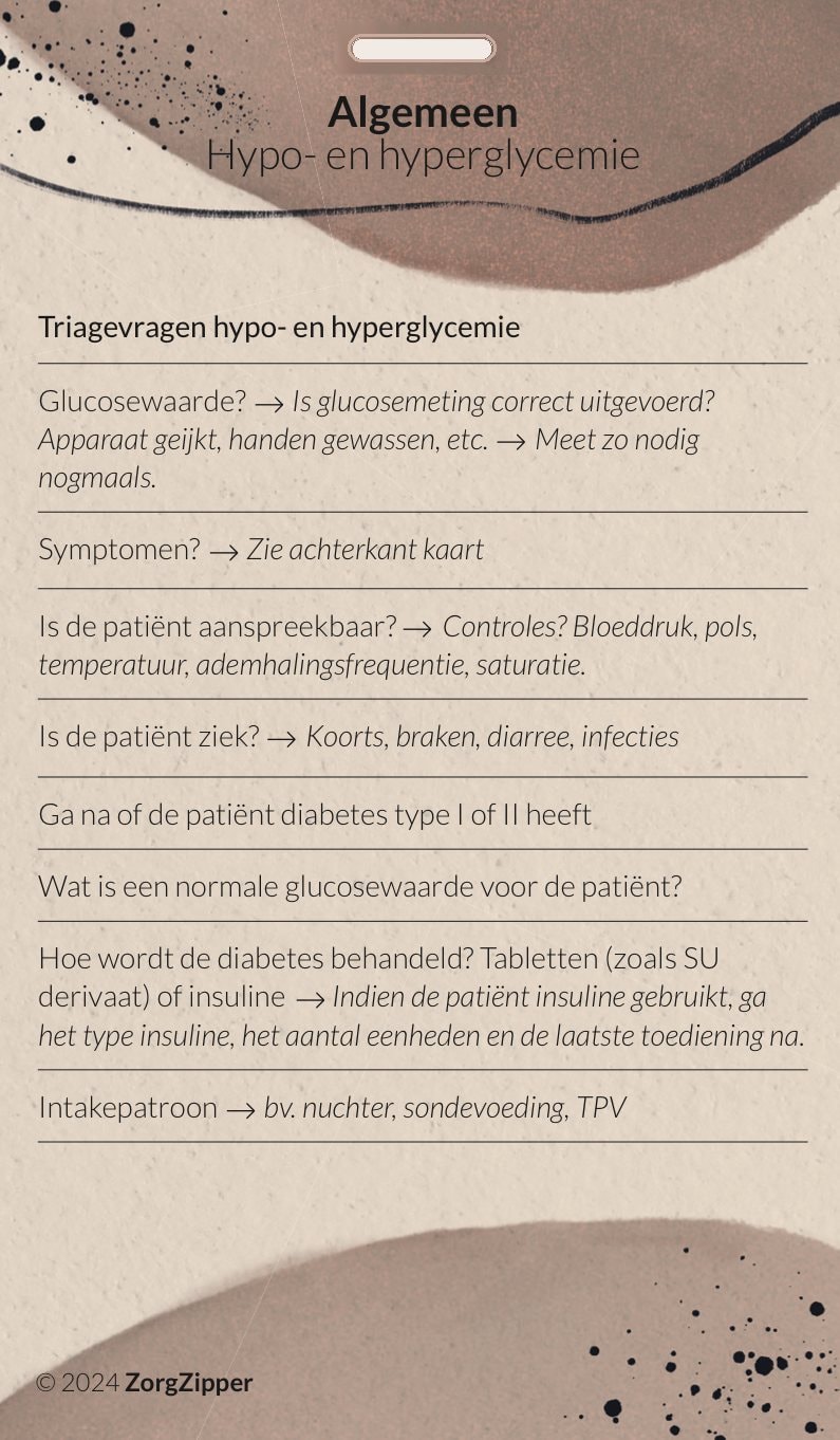 Achterkant van de kaart Algemeen: hypo- en hyperglycemie